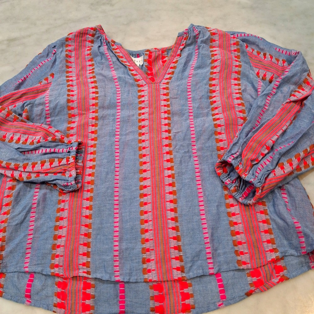 Anthropologie Velvet Graham‎ & Spencer Blouse Lg Blue Neon Pink Embroidered Boho - Picture 4 of 10